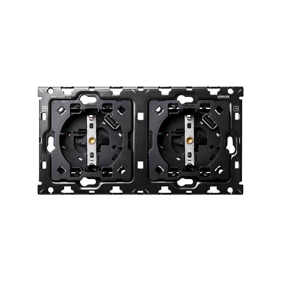 10010211-039 - Kit back para 2 elementos con 2 bases enchufe schuko, 2 cargadores USB 2.1A integrados con smartcharge Simon 100