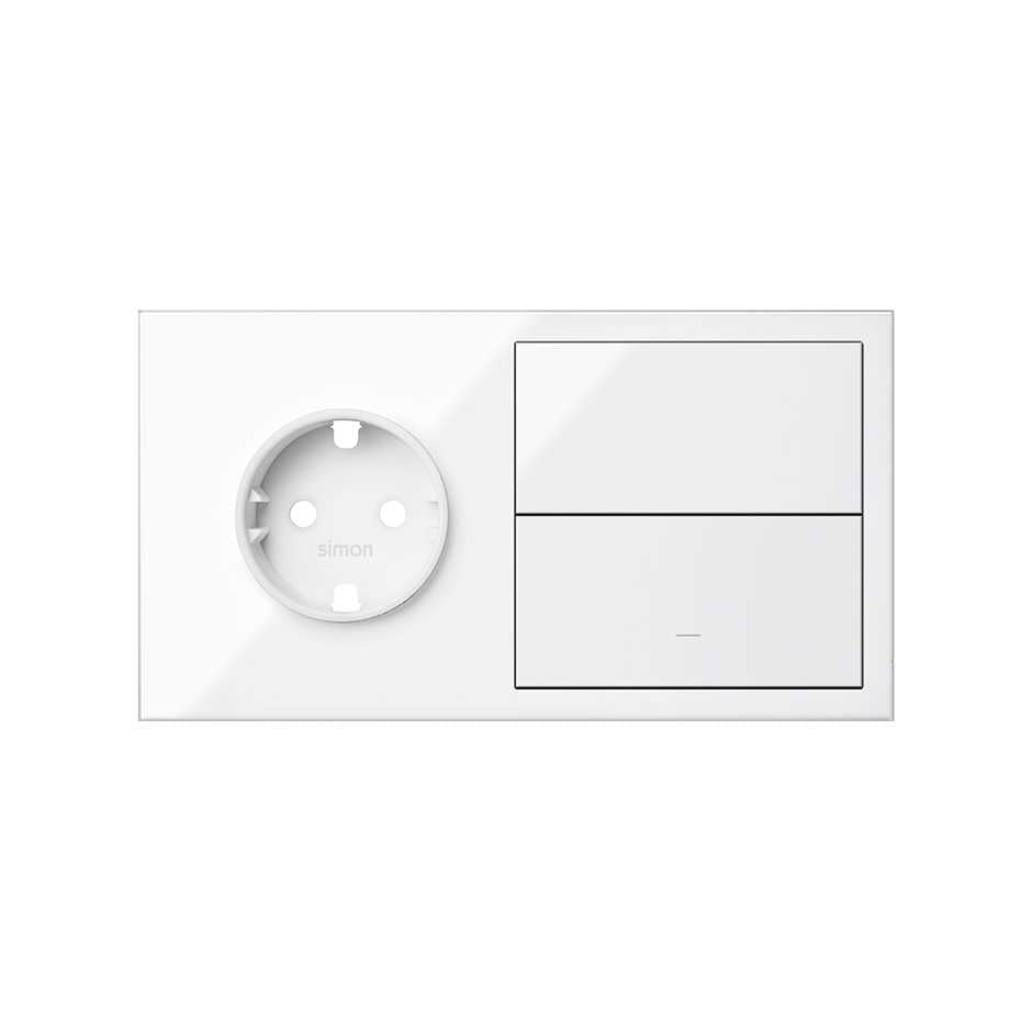 10020203-130 - Kit front horizontal para 2 elementos con 1 base de enchufe schuko y 1 tecla individual blanco brillante Simon 100