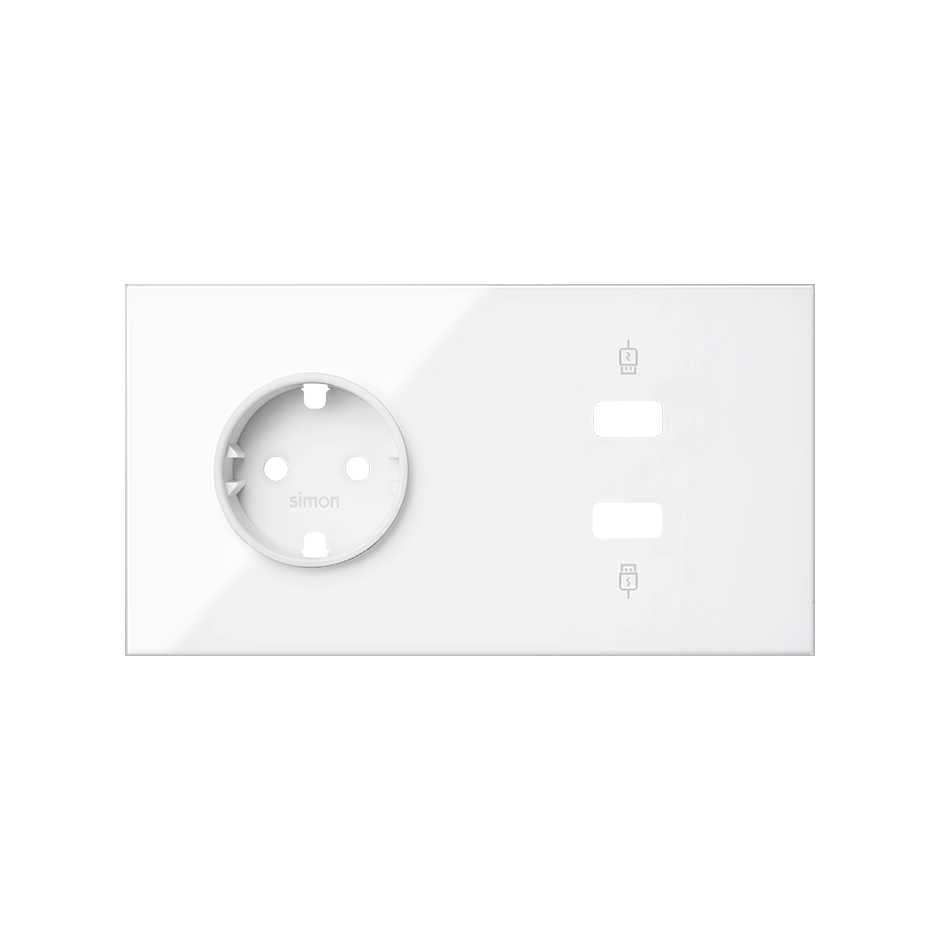 10020205-130 - Kit front para 2 elementos con 1 base de enchufe schuko y 1 cargador 2xUSB blanco brillante Simon 100