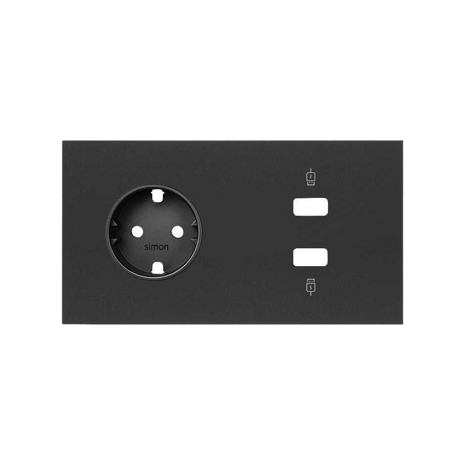 10020205-238 - Kit front para 2 elementos con 1 base de enchufe schuko y 1 cargador 2xUSB negro mate Simon 100