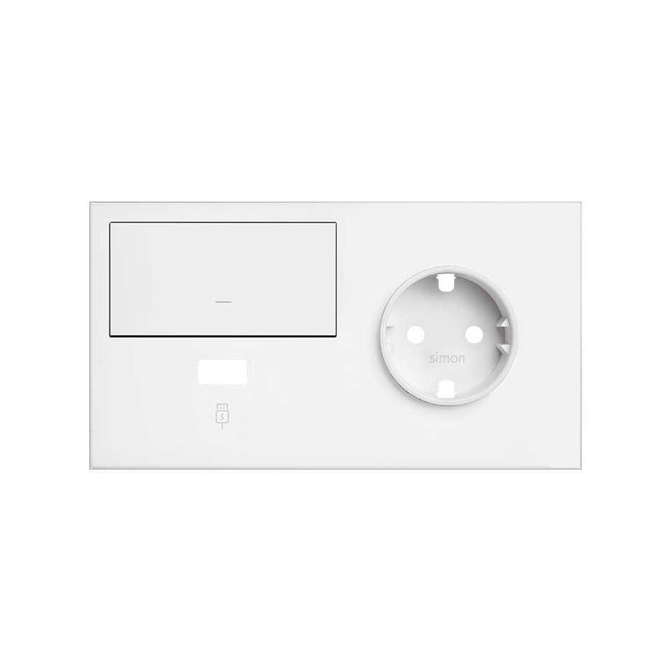 10020206-230 - Kit front para 2 elementos con 1 base de enchufe schuko, 1 tecla y 1 cargador USB derecha blanco mate Simon 100