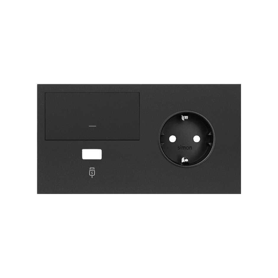 10020206-238 - Kit front para 2 elementos con 1 base de enchufe schuko, 1 tecla y 1 cargador USB derecha negro mate Simon 100