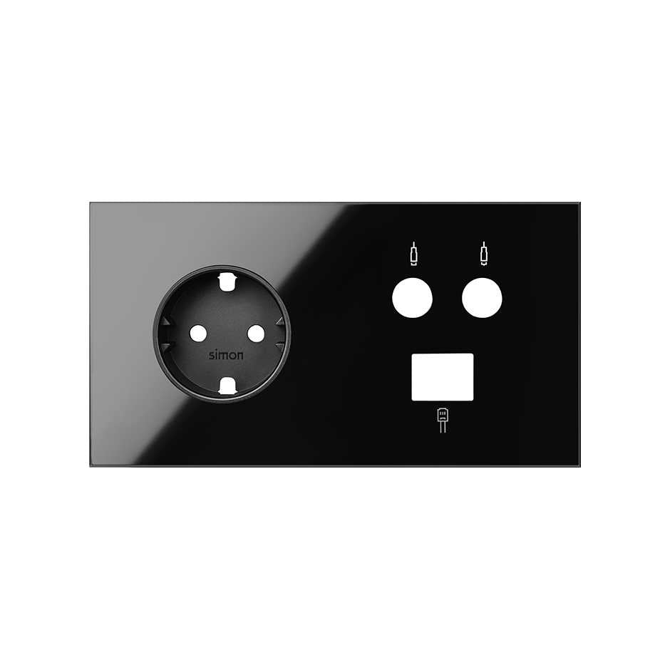 10020208-138 - Kit front para 2 elementos con 1 base de enchufe schuko, 1 toma R-TV+SAT única con 1 conector RJ45 6 UTP negro brillante Simon 100