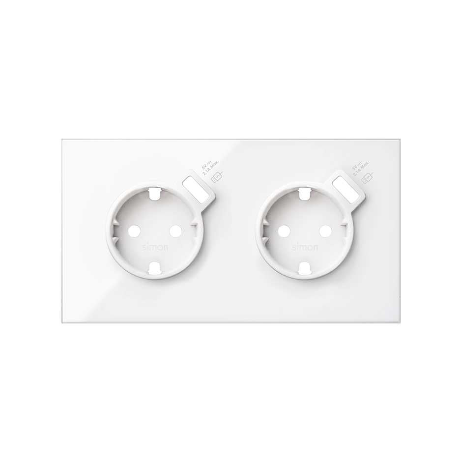 10020211-130 - Kit front para 2 elementos con 2 bases enchufe schuko, 2 cargadores USB integrados blanco brillante Simon 100