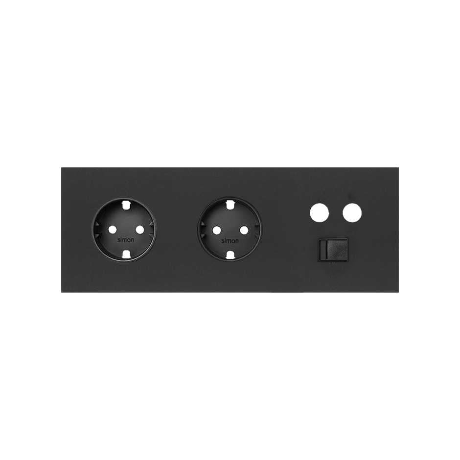 10020303-238 - Kit front para 3 elementos con 2 bases de enchufe schuko y 1 toma R-TV+SAT única con 1 conector RJ45 negro mate Simon 100
