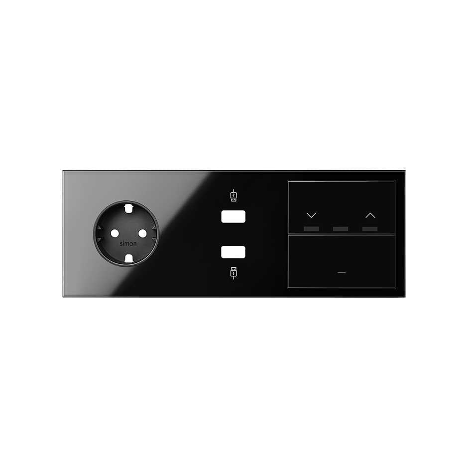 10020306-138 - Kit front para 3 elementos con 1 base enchufe schuko, 1 cargador 2xUSB, 1 tecla persianas y 1 tecla negro brillante Simon 100