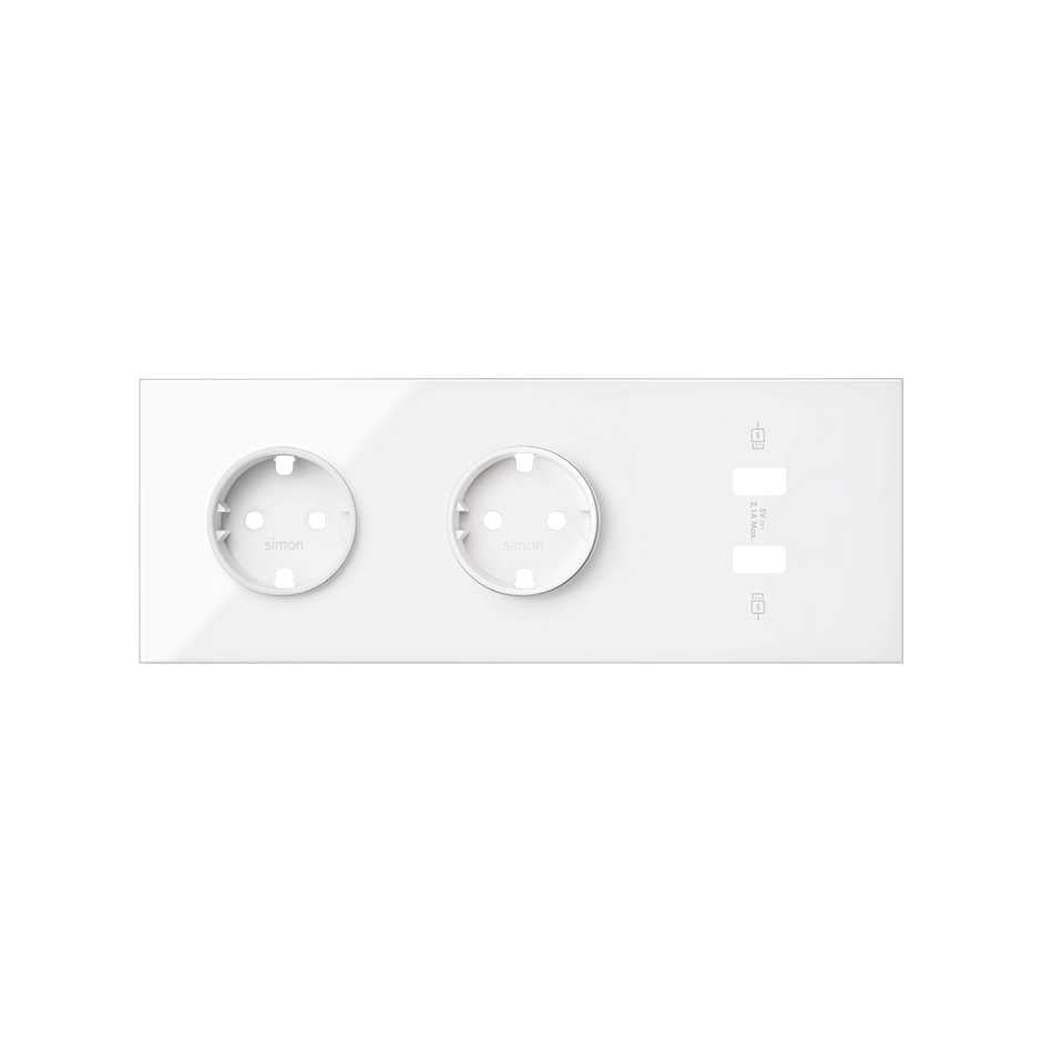 10020308-130 - Kit front para 3 elementos con 2 bases enchufe schuko y 1 cargador 2xUSB blanco brillante Simon 100