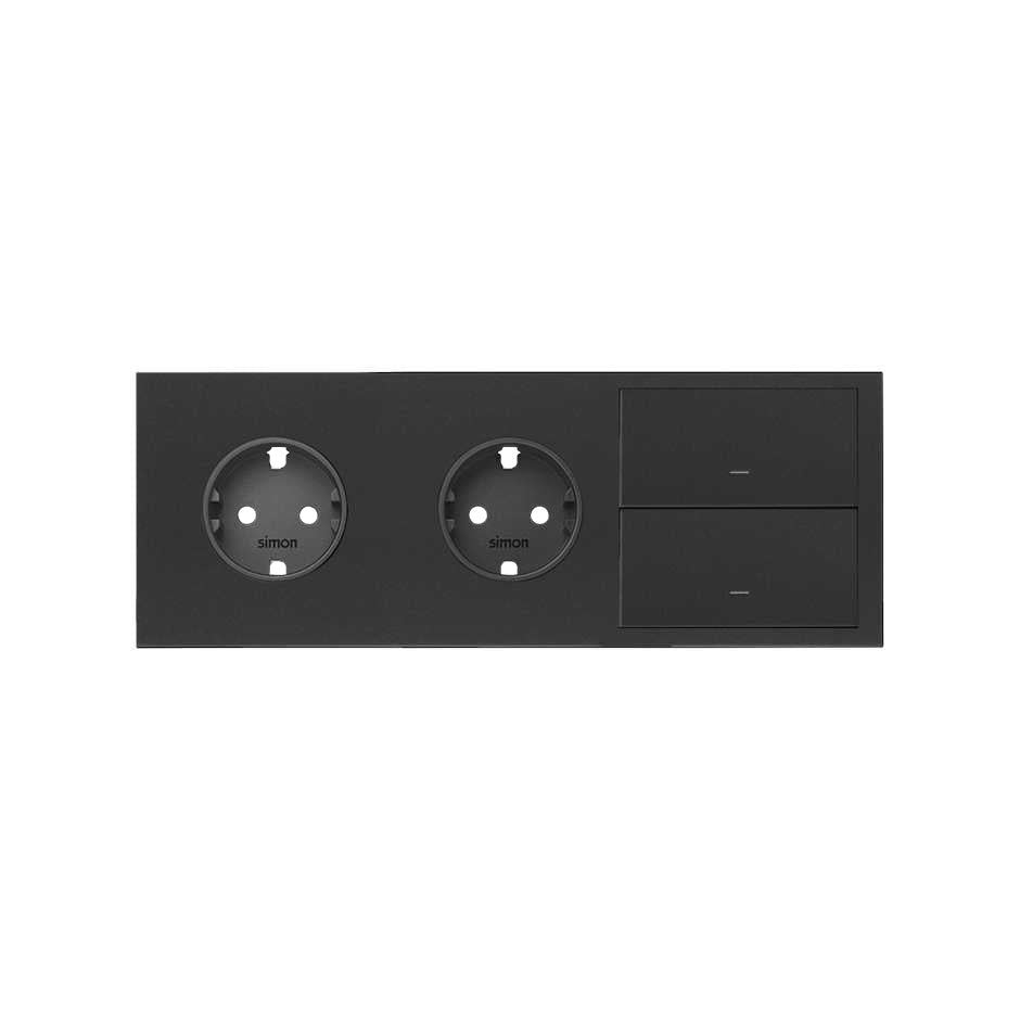 10020310-238 - Kit front para 3 elementos con 2 bases enchufe schuko y 2 teclas negro mate Simon 100