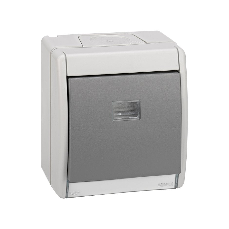 4490150-035 - Pulsador monobloc IP55 10AX 250V~ con sistema de embornamiento rápido gris Simon Aqua