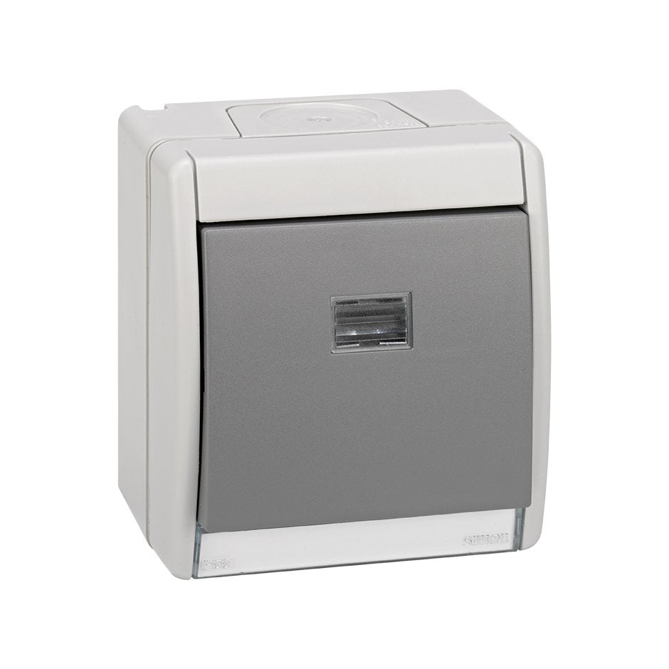 4490204-035 - Conmutador monobloc IP55 10AX 250V~ con luminoso incorporado y sistema de embornamiento rápido gris Simon Aqua