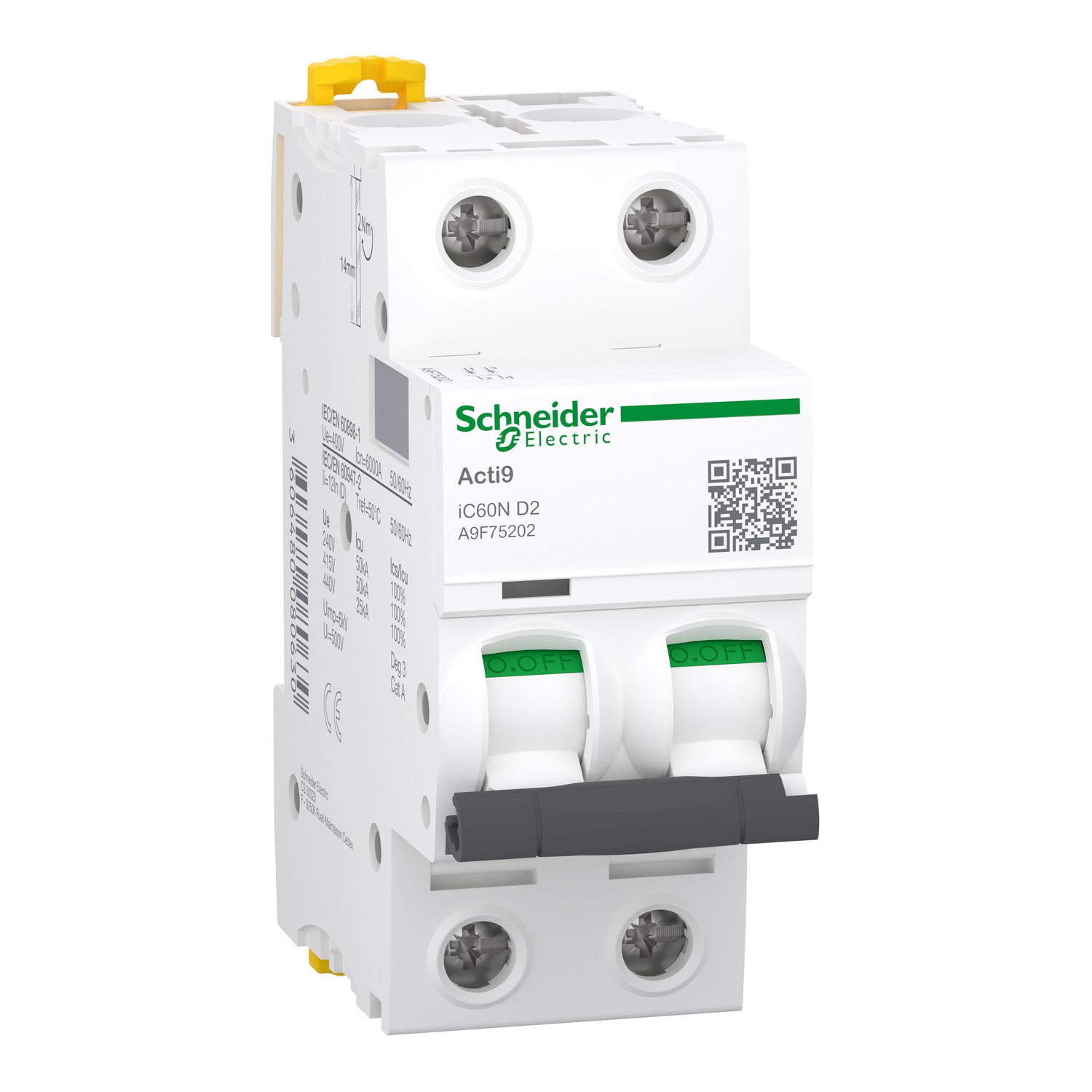 A9F75202 - Interruptor Magnetotérmico Bipolar Acti9 iC60N 2P 2A Curva D 6kA/10kA Schneider