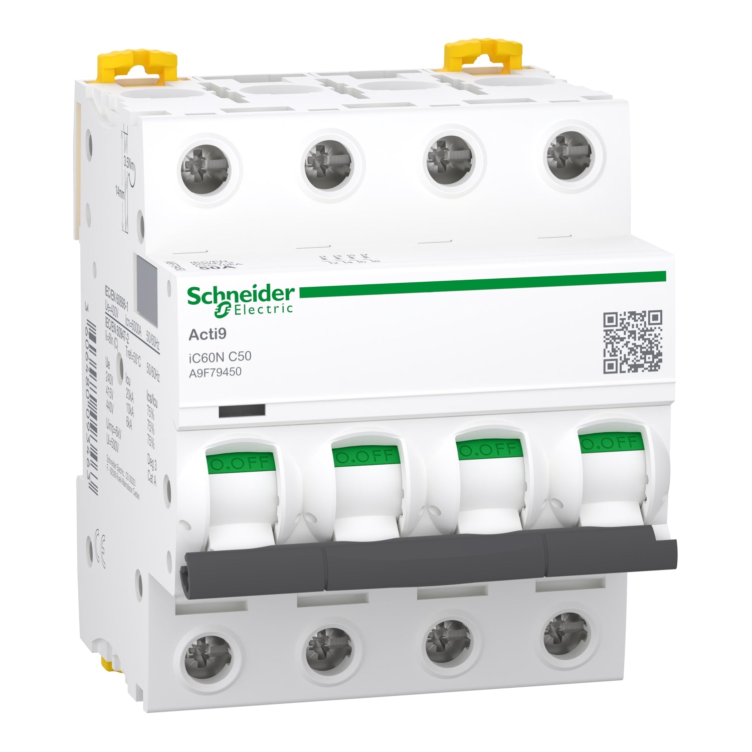 A9F79450 - Interruptor Magnetotérmico Tetrapolar Acti9 iC60N 4P 50A Curva C 6kA/10kA Schneider