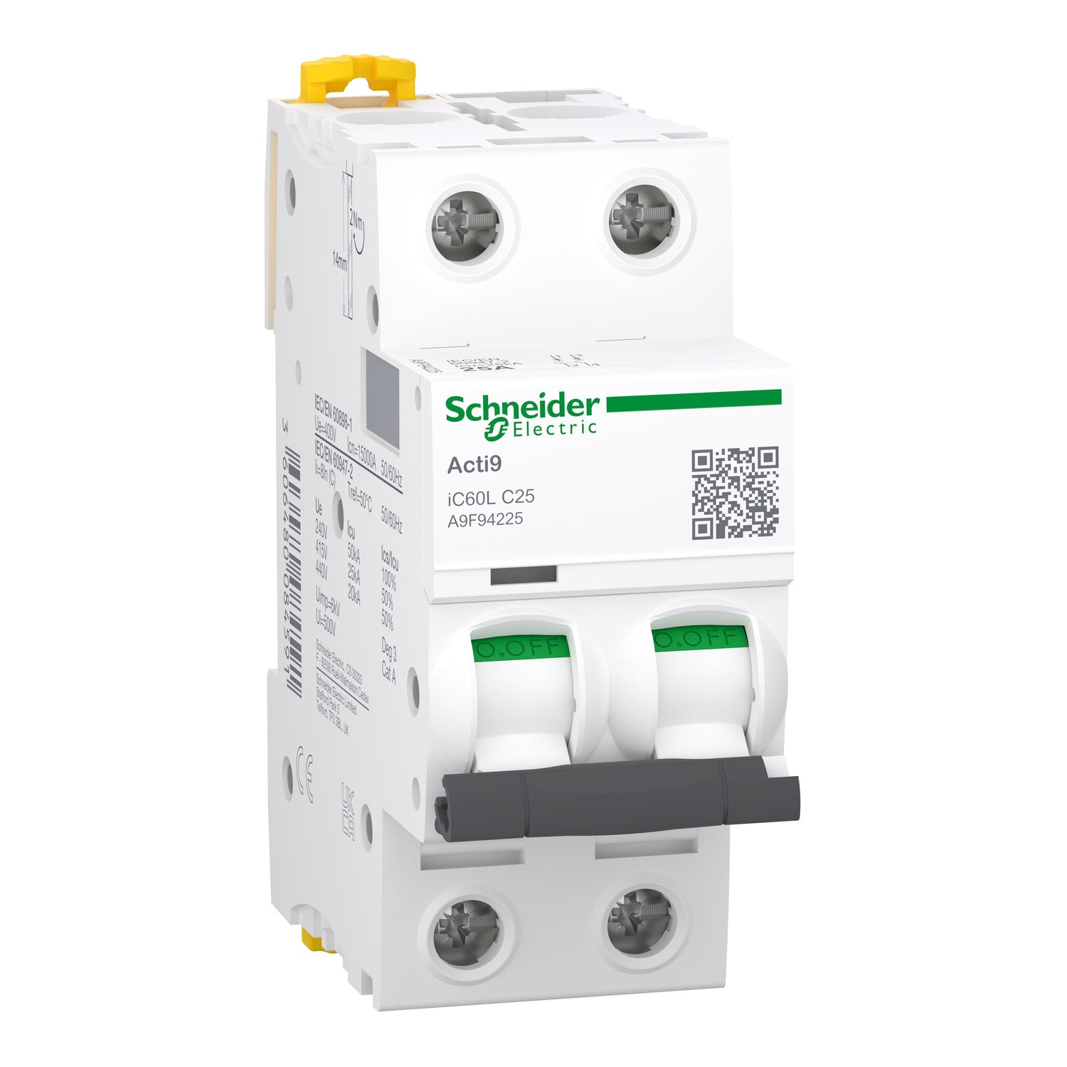 A9F94225 - Interruptor Magnetotérmico Bipolar Acti9 iC60L 2P 25A Curva C 15kA/25kA Schneider