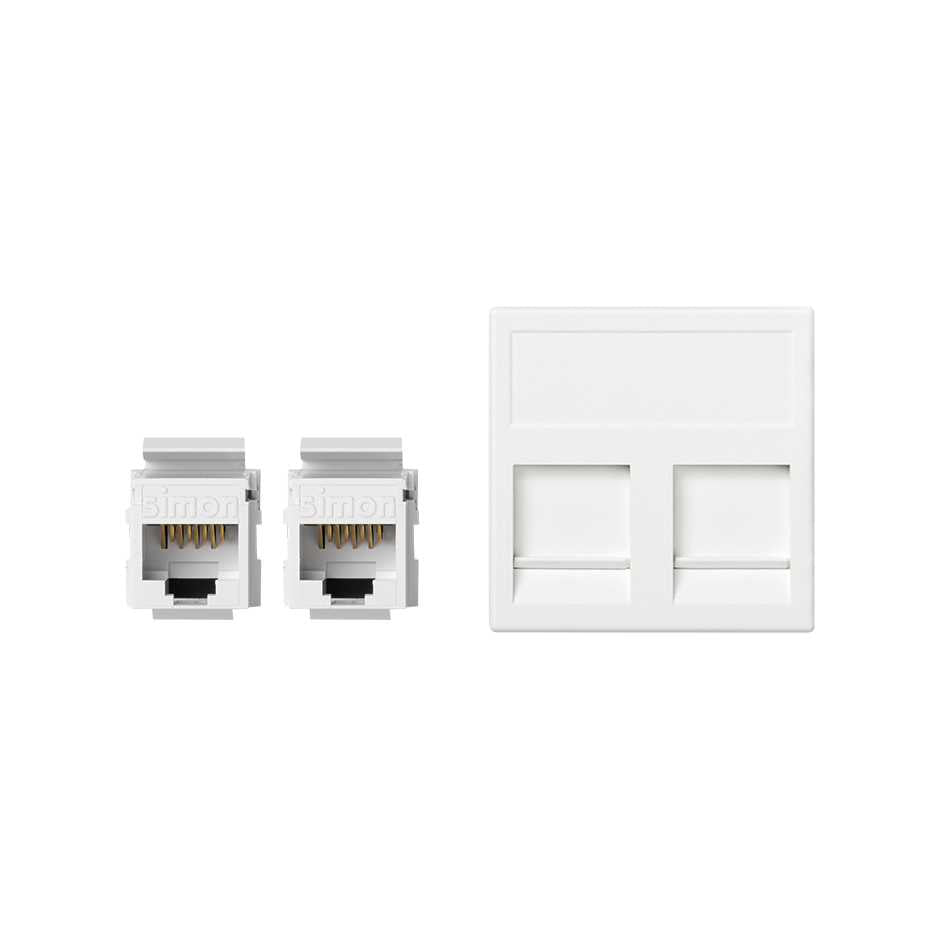 KB95U/9 - Placa de voz y datos plana con guardapolvo de 1 elemento y 2 conectores RJ45 de categoría 5e UTP blanco Simon K45