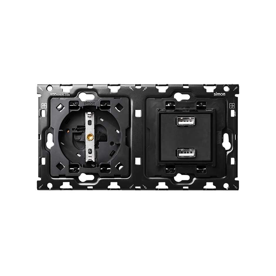 10010205-039 - Kit back para 2 elementos con 1 base enchufe schuko y 1 cargador 2xUSB 2.1A Simon 100