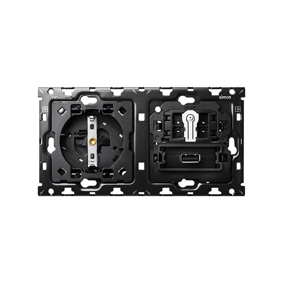 10010207-039 - Kit back para 2 elementos con 1 base enchufe schuko, 1 cruzamiento pulsante y 1 cargador USB 2.1A con smartcharge Simon 100
