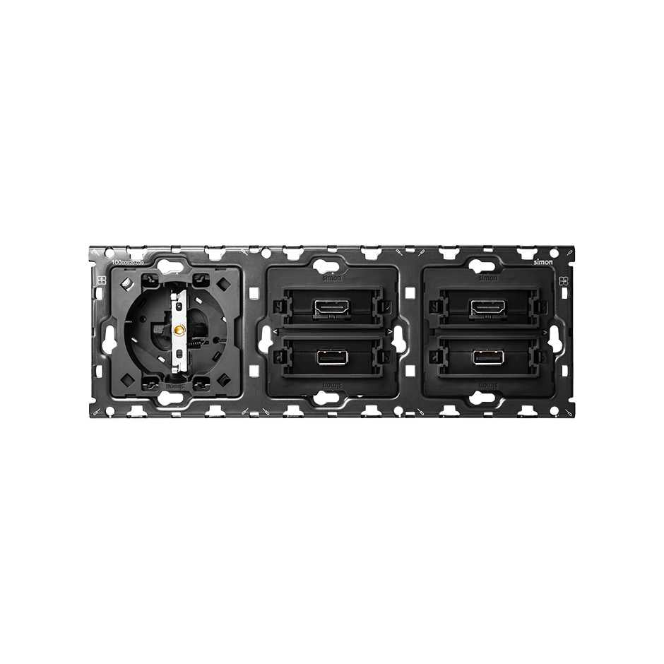 10010305-039 - Kit back para 3 elementos con 1 base de enchufe schuko y 2 conectores HDMI + USB Simon 100