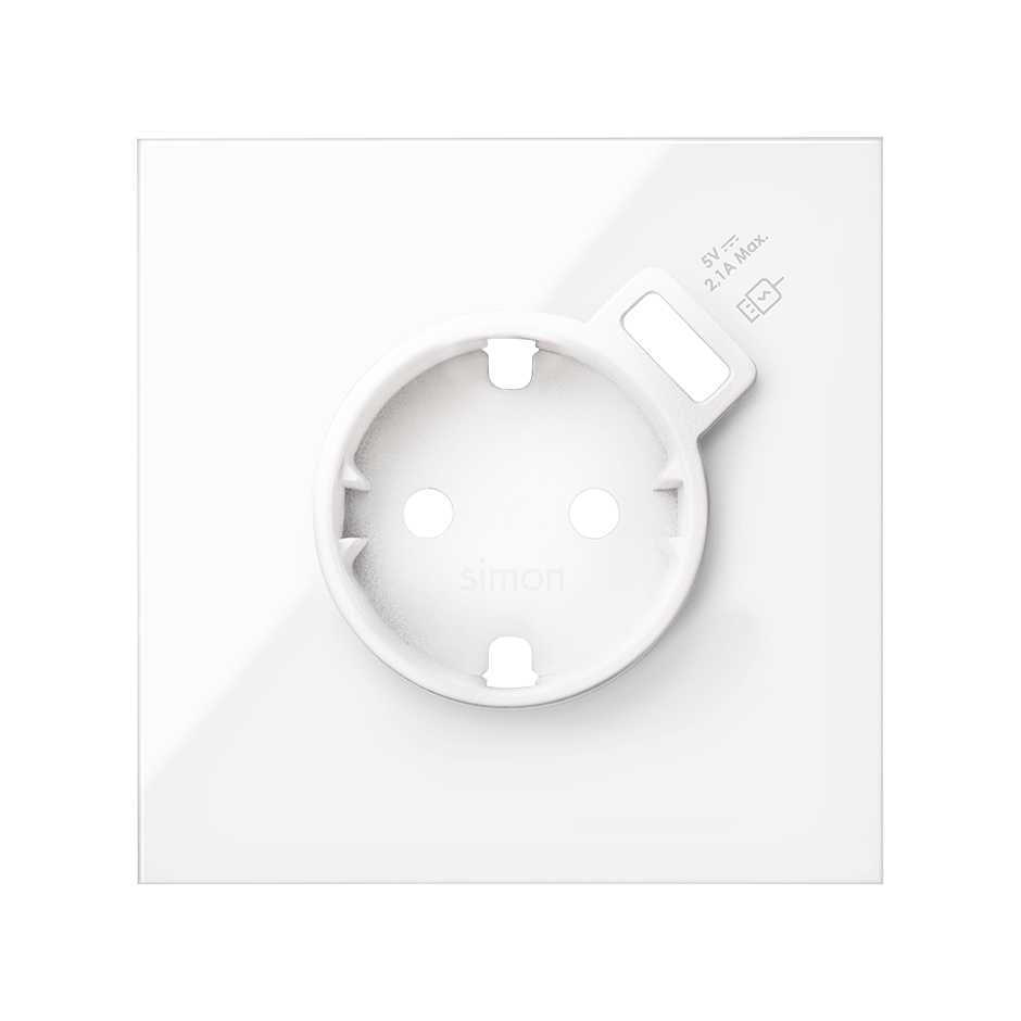 10020109-130 - Kit front para 1 elemento con 1 base enchufe schuko y cargador USB integrado blanco brillante Simon 100