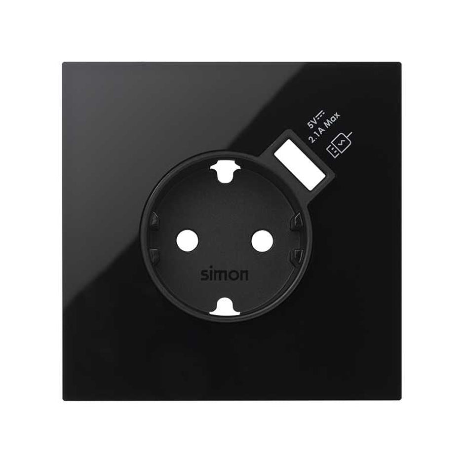 10020109-138 - Kit front para 1 elemento con 1 base enchufe schuko con cargador USB integrado negro brillante Simon 100