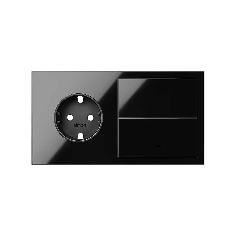 10020203-138 - Kit front horizontal para 2 elementos con 1 base de enchufe schuko y 1 tecla individual negro brillante Simon 100
