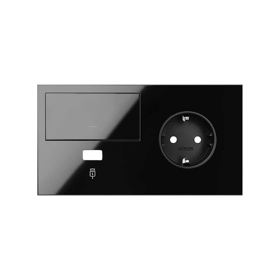 10020206-138 - Kit front para 2 elementos con 1 base de enchufe schuko, 1 tecla y 1 cargador USB derecha negro brillante Simon 100
