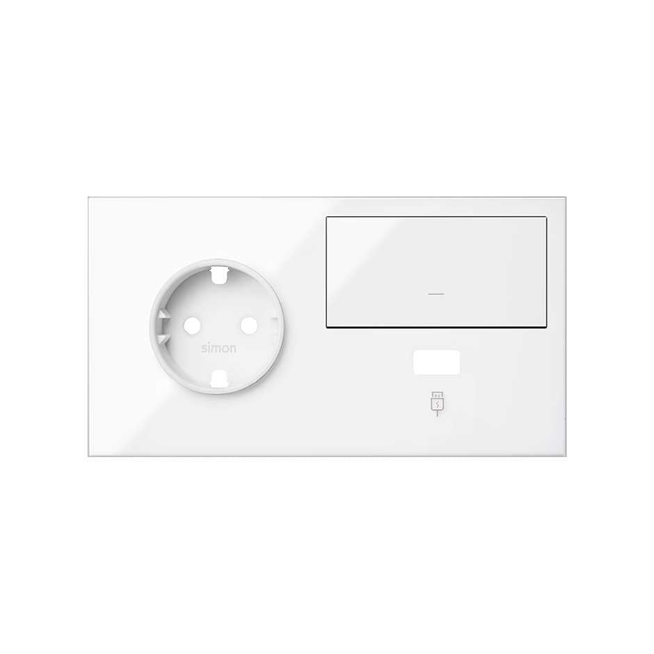 10020207-130 - Kit front para 2 elementos con 1 base de enchufe schuko, 1 tecla y 1 cargador USB izquierda blanco brillante Simon 100