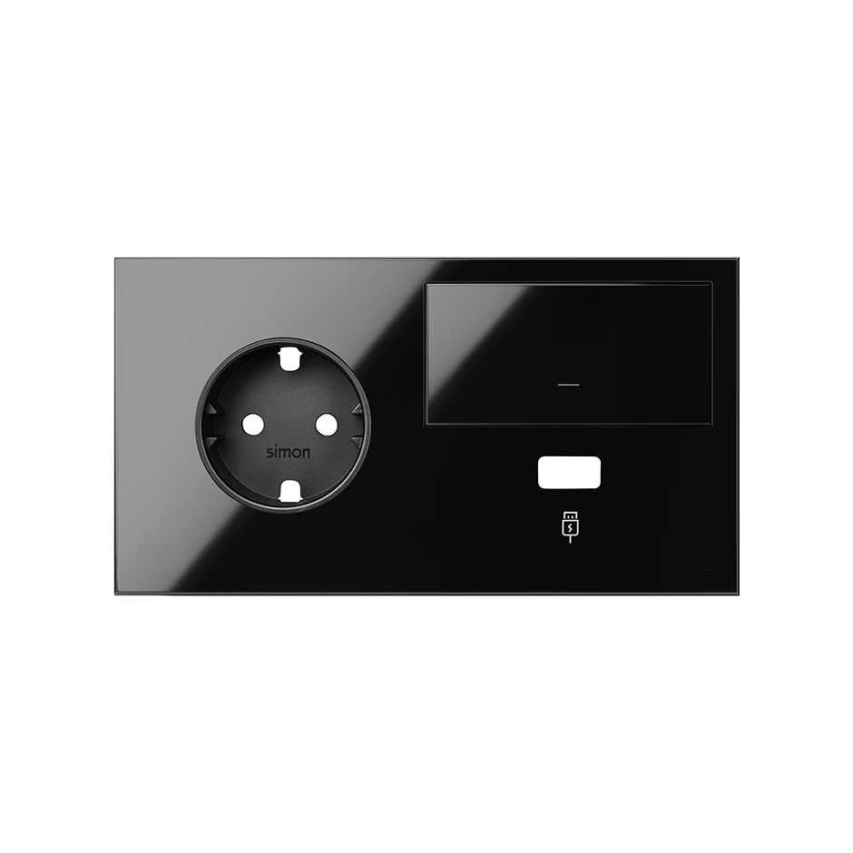10020207-138 - Kit front para 2 elementos con 1 base de enchufe schuko, 1 tecla y 1 cargador USB izquierda negro brillante Simon 100