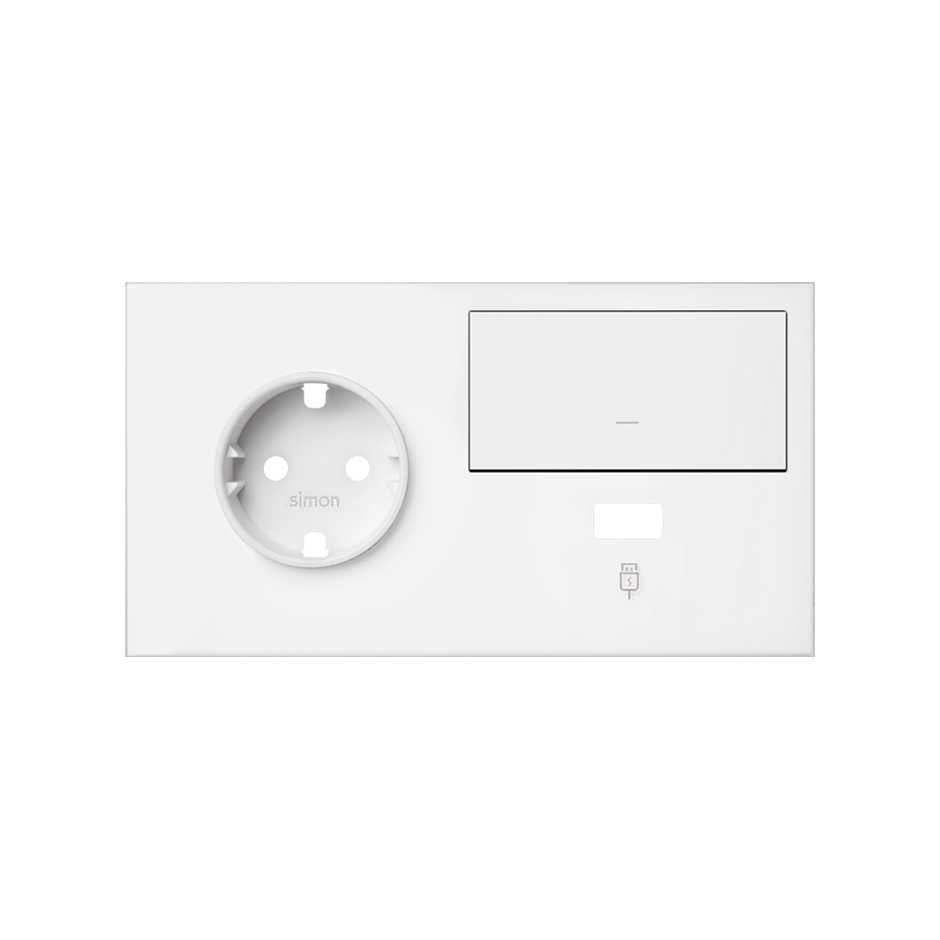 10020207-230 - Kit front para 2 elementos con 1 base de enchufe schuko, 1 tecla y 1 cargador USB izquierda blanco mate Simon 100