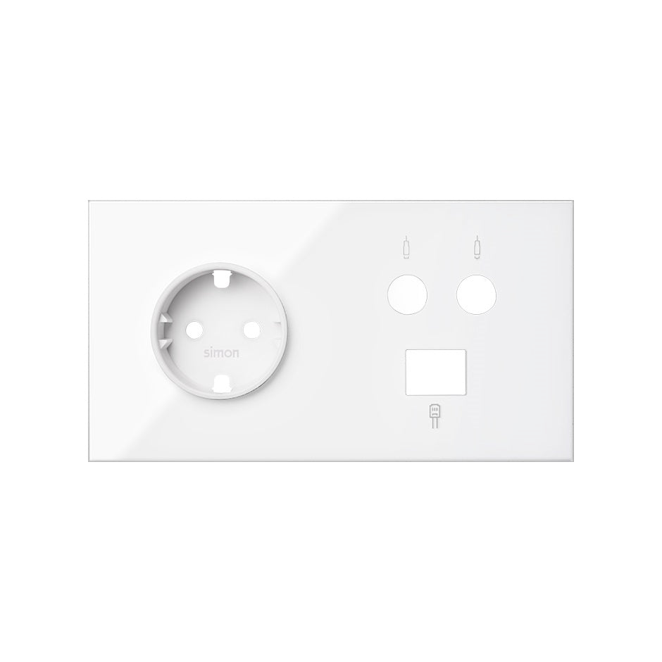 10020208-230 - Kit front para 2 elementos con 1 base de enchufe schuko,1 toma R-TV+SAT única con 1 conector RJ45 6 UTP blanco mate Simon 100