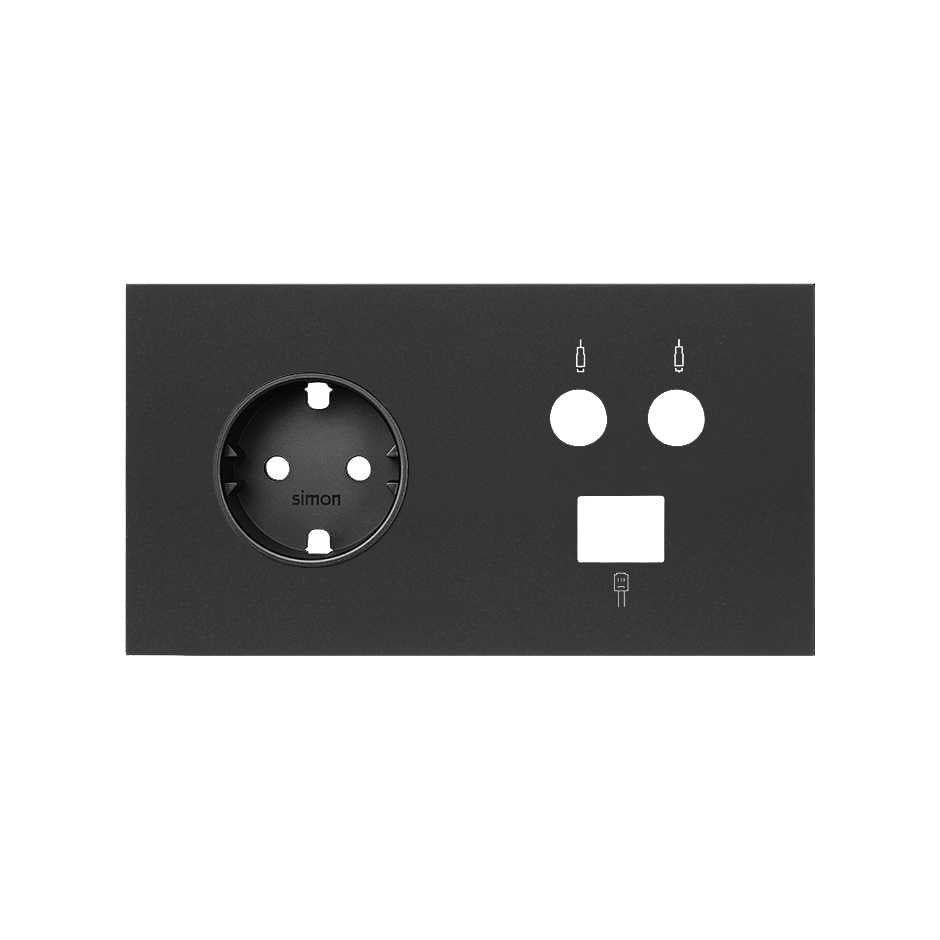10020208-238 - Kit front para 2 elementos con 1 base de enchufe schuko, 1 toma R-TV+SAT única con 1 conector RJ45 6 UTP negro mate Simon 100
