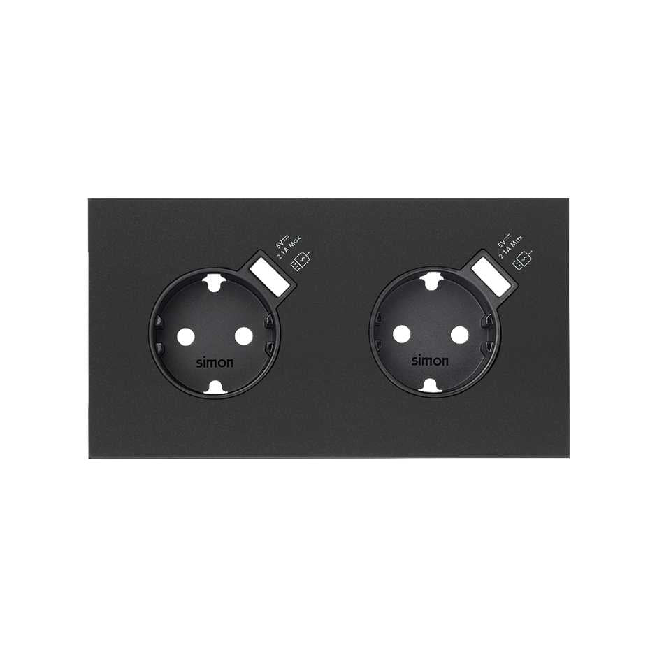 10020211-238 - Kit front para 2 elementos con 2 bases enchufe schuko, 2 cargadores USB integrados negro mate Simon 100