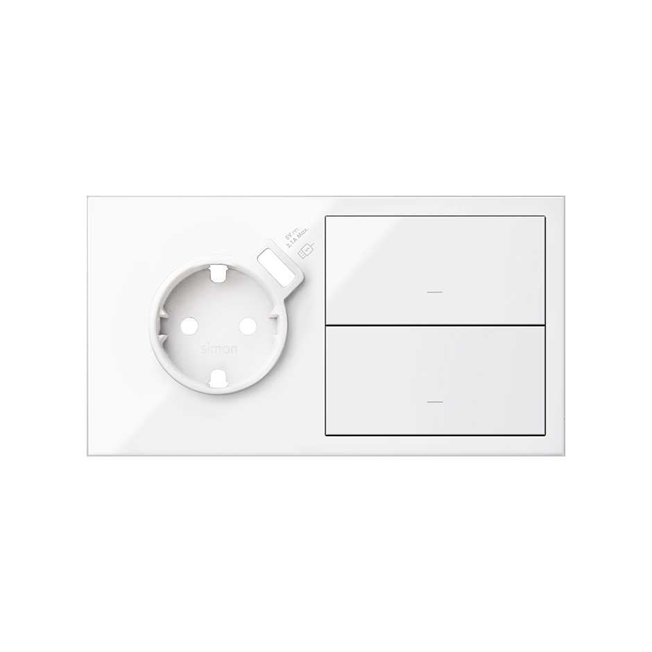 10020212-130 - Kit front para 2 elementos con 1 base enchufe schuko con cargador USB integrado y 2 teclas izquierda blanco brillante Simon 100