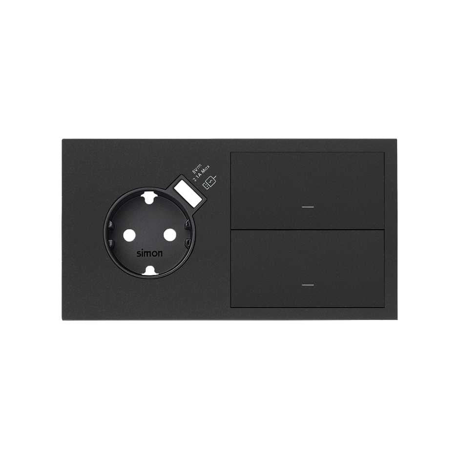 10020212-238 - Kit front para 2 elementos con 1 base enchufe schuko con cargador USB integrado y 2 teclas izquierda negro mate Simon 100