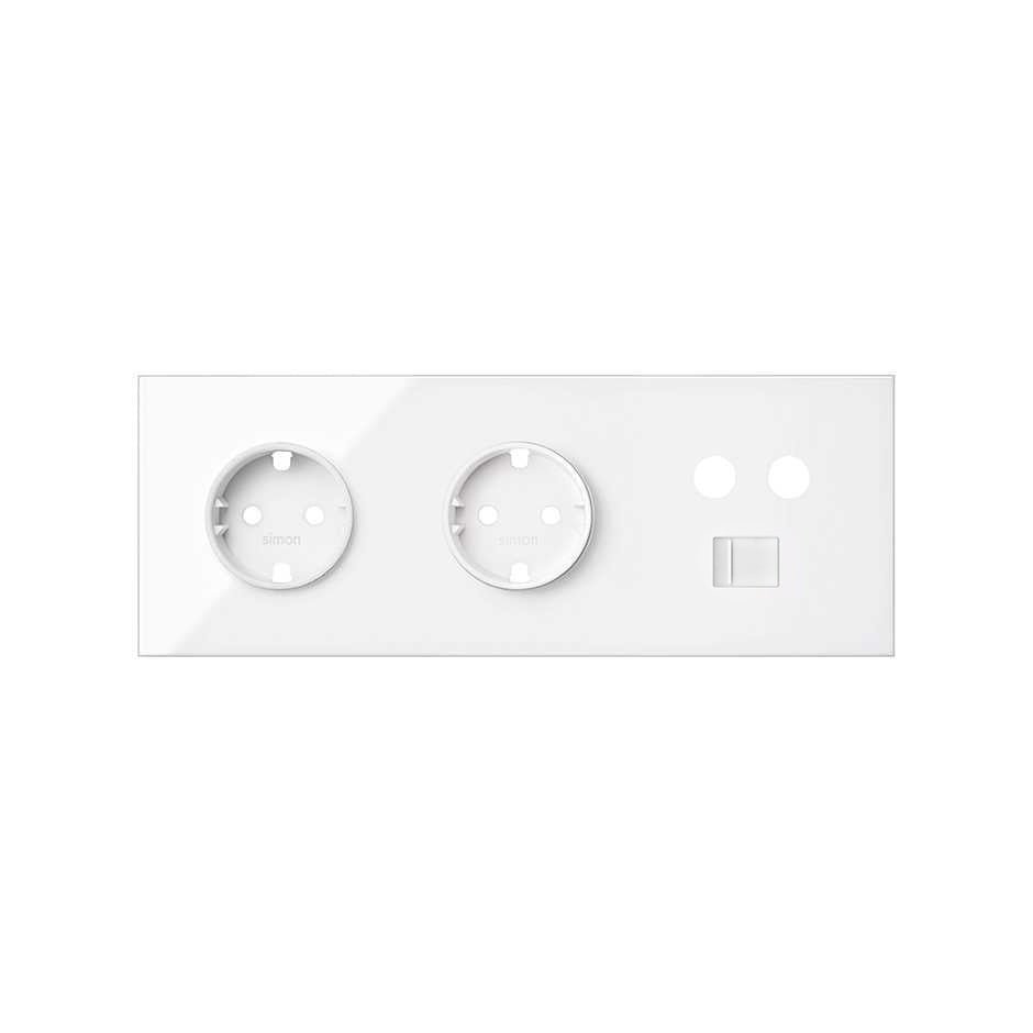 10020303-130 - Kit front para 3 elementos con 2 bases de enchufe schuko y 1 toma R-TV+SAT única con 1 conector RJ45 blanco brillante Simon 100