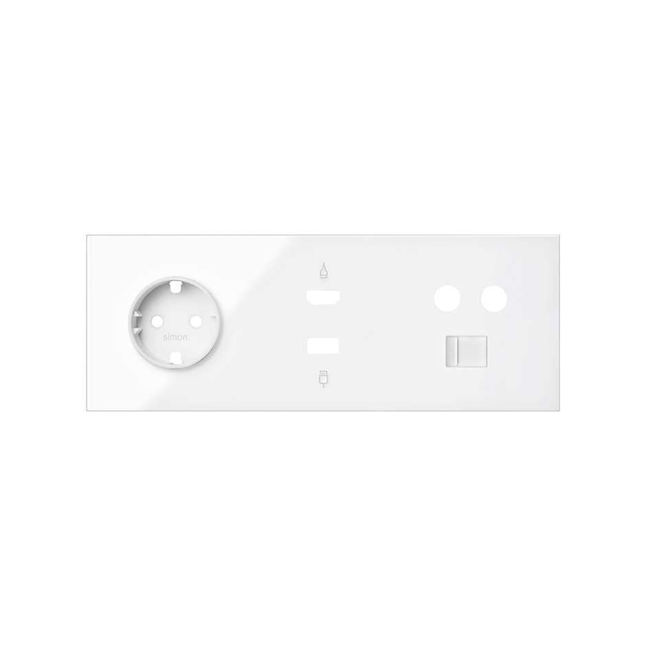 10020304-130 - Kit front para 3 elementos con 1 base de enchufe schuko, 1 conector HDMI + USB y 1 toma R-TV+SAR única blanco brillante Simon 100
