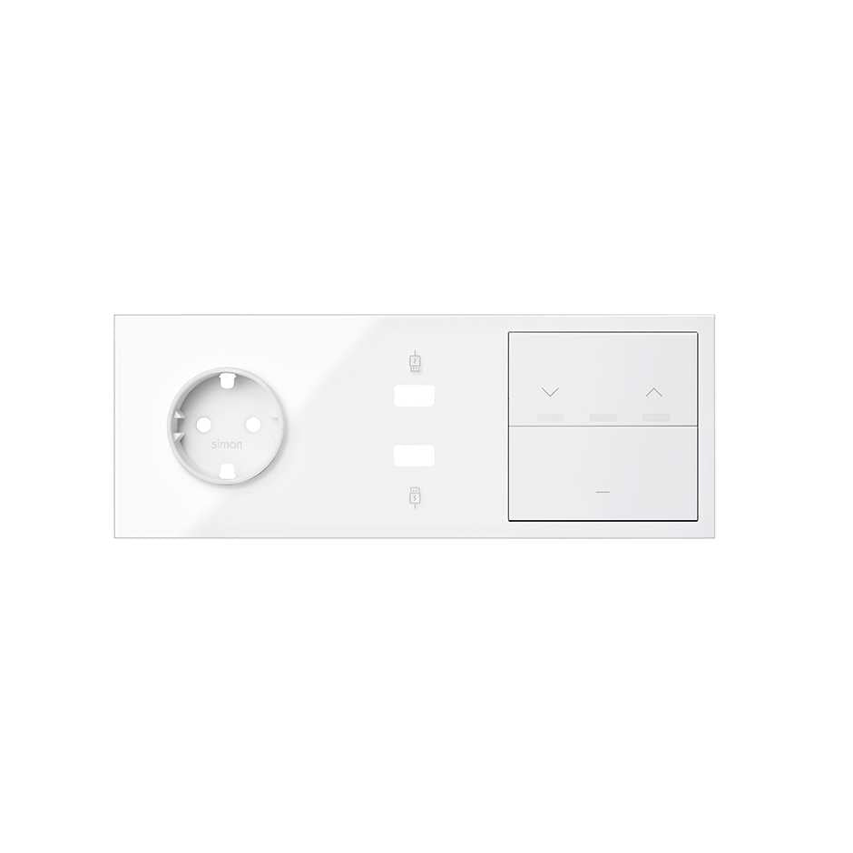 10020306-130 - Kit front para 3 elementos con 1 base enchufe schuko, 1 cargador 2xUSB, 1 tecla persianas y 1 tecla blanco brillante Simon 100