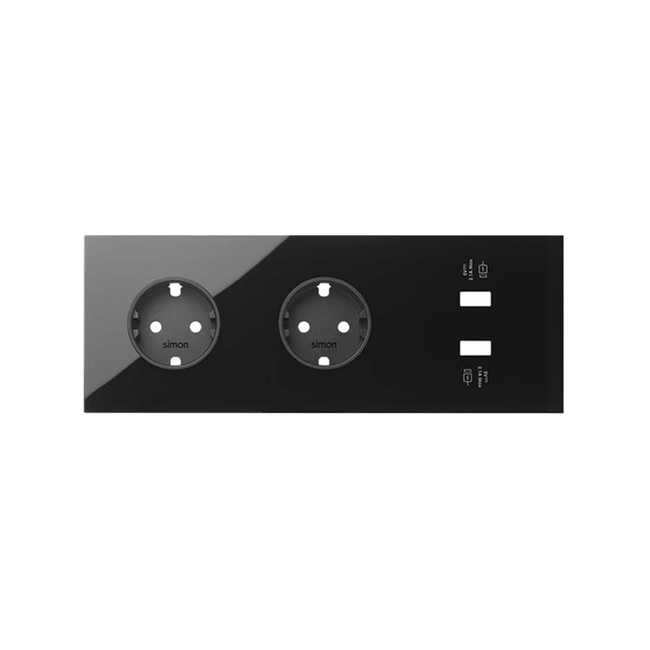 10020308-138 - Kit front para 3 elementos con 2 bases enchufe schuko y 1 cargador 2xUSB negro brillante Simon 100