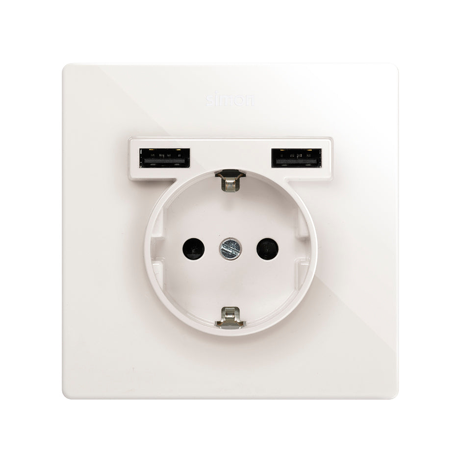 27190610-090 - Kit monobloc para 1 elemento con 1 base de enchufe schuko y 2 cargadores USB integrados blanco Simon 270