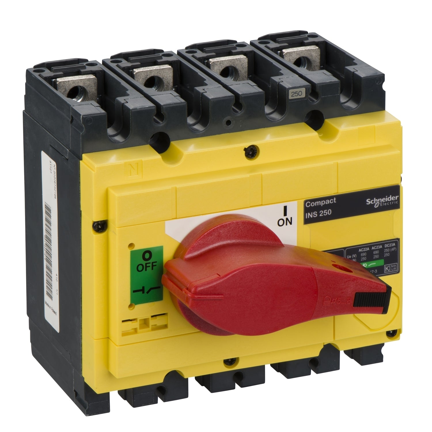 31127 - Interruptor seccionador Compact INS250 250A con mando rotativo rojo y frontal amarillo 4 polos Schneider