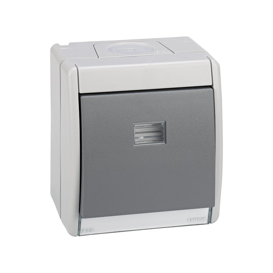 4490160-035 - Pulsador monobloc IP55 10AX 250V~ con luminoso incorporado y sistema de embornamiento rápido gris Simon Aqua