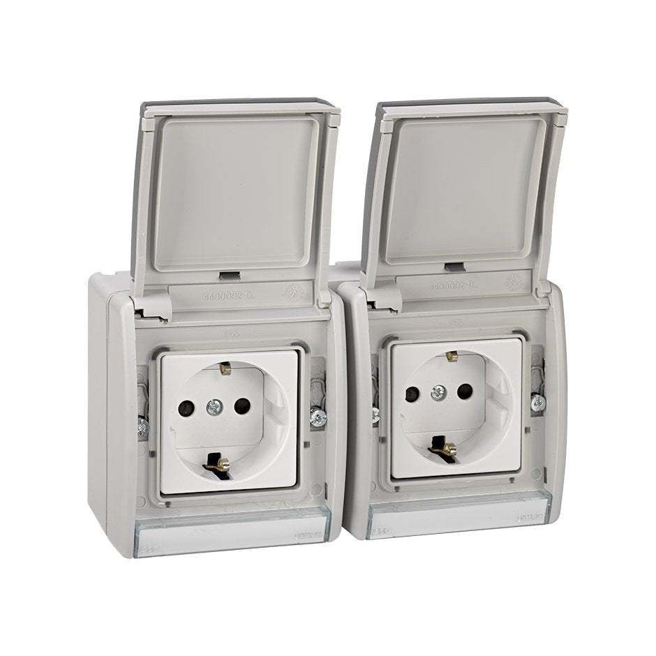 4490433-035 - Base de enchufe schuko doble precableada monobloc IP55 16A 250V~ con disp. seguridad y emb. rápido gris Simon Aqua