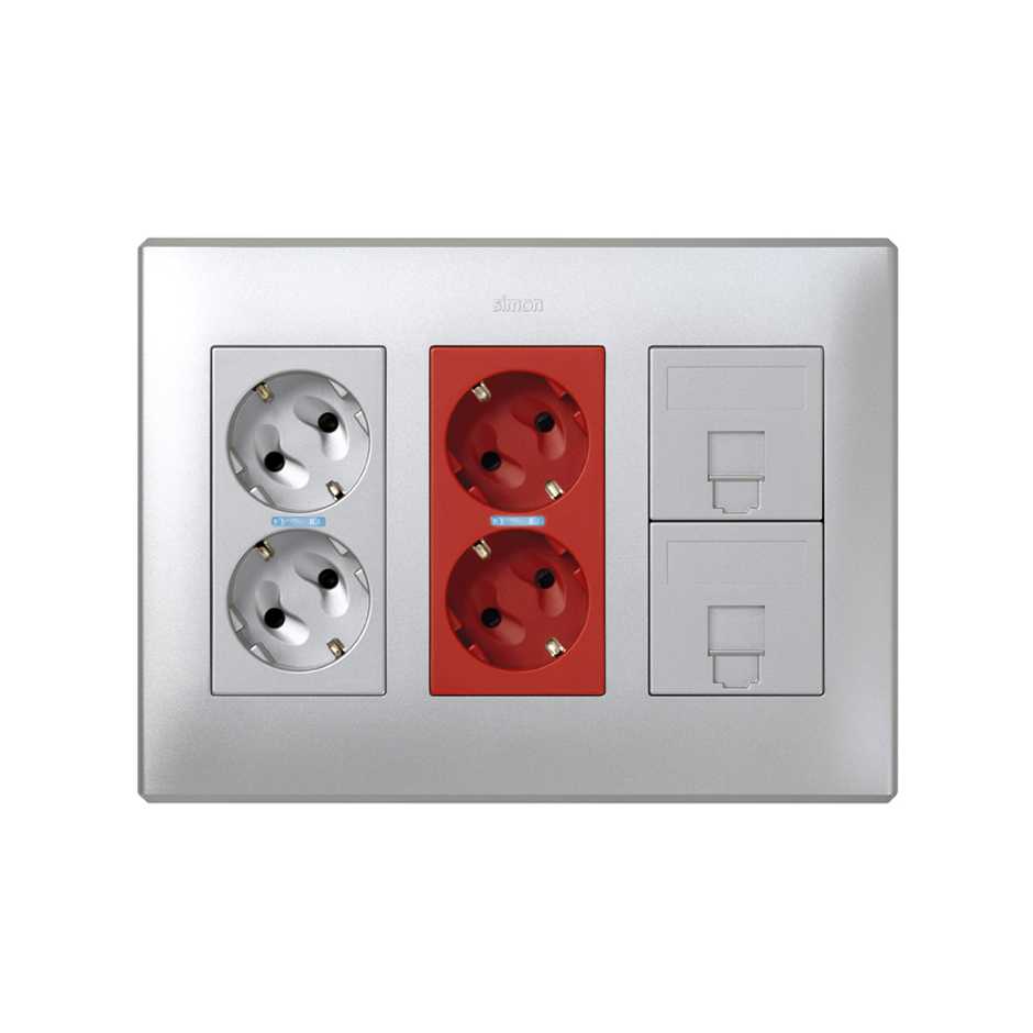 51000302-033 - Kit caja pared de superficie-empotrar 3 elementos dobles con 1 enchufe doble,1SAI doble y 2 placas RJ45 aluminio Simon 500 Cima