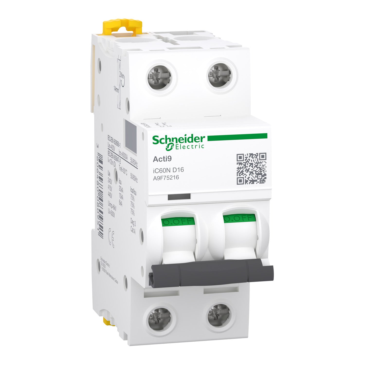 A9F75216 - Interruptor Magnetotérmico Bipolar Acti9 iC60N 2P 16A Curva D 6kA/10kA Schneider
