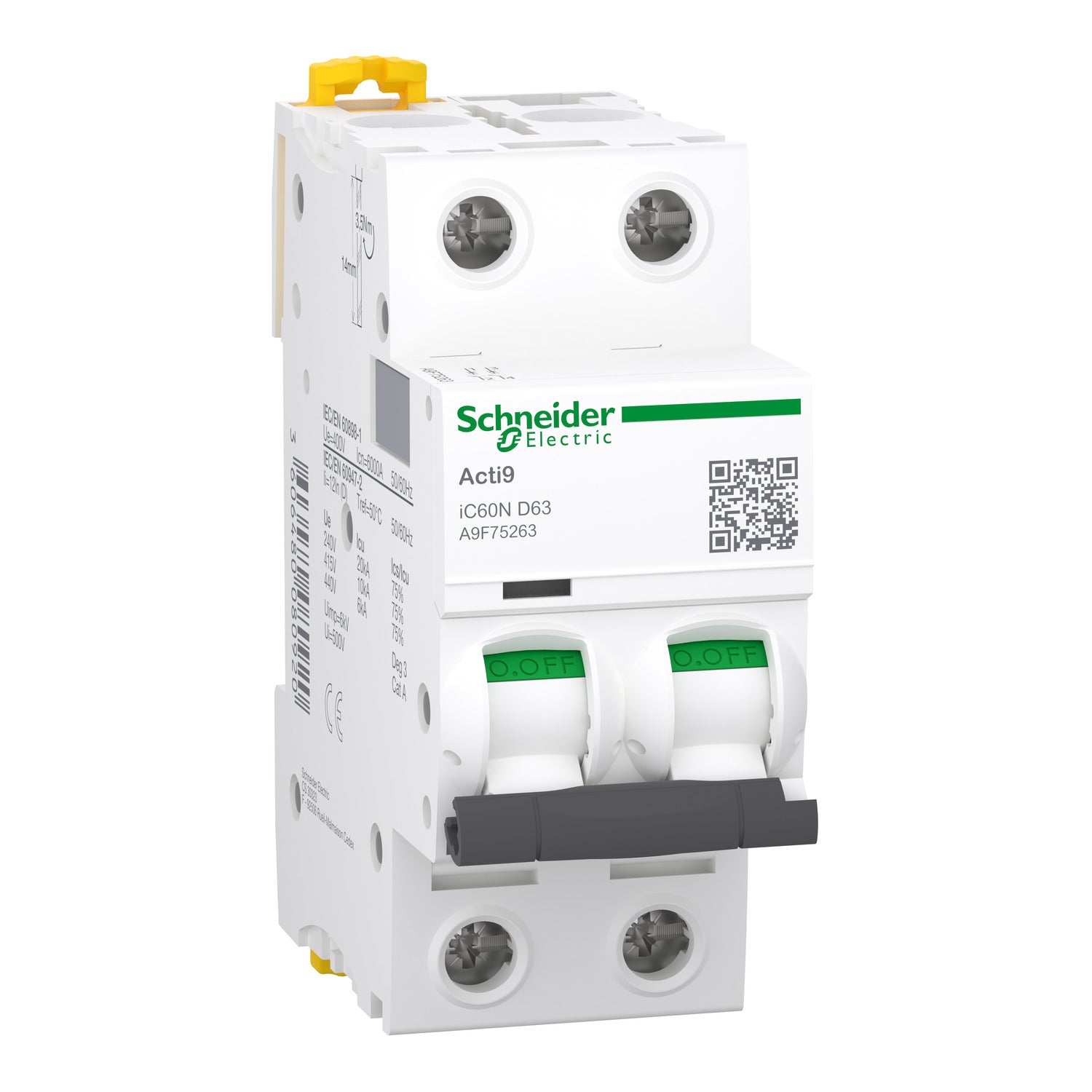 A9F75263 - Interruptor Magnetotérmico Bipolar Acti9 iC60N 2P 63A Curva D 6kA/10kA Schneider