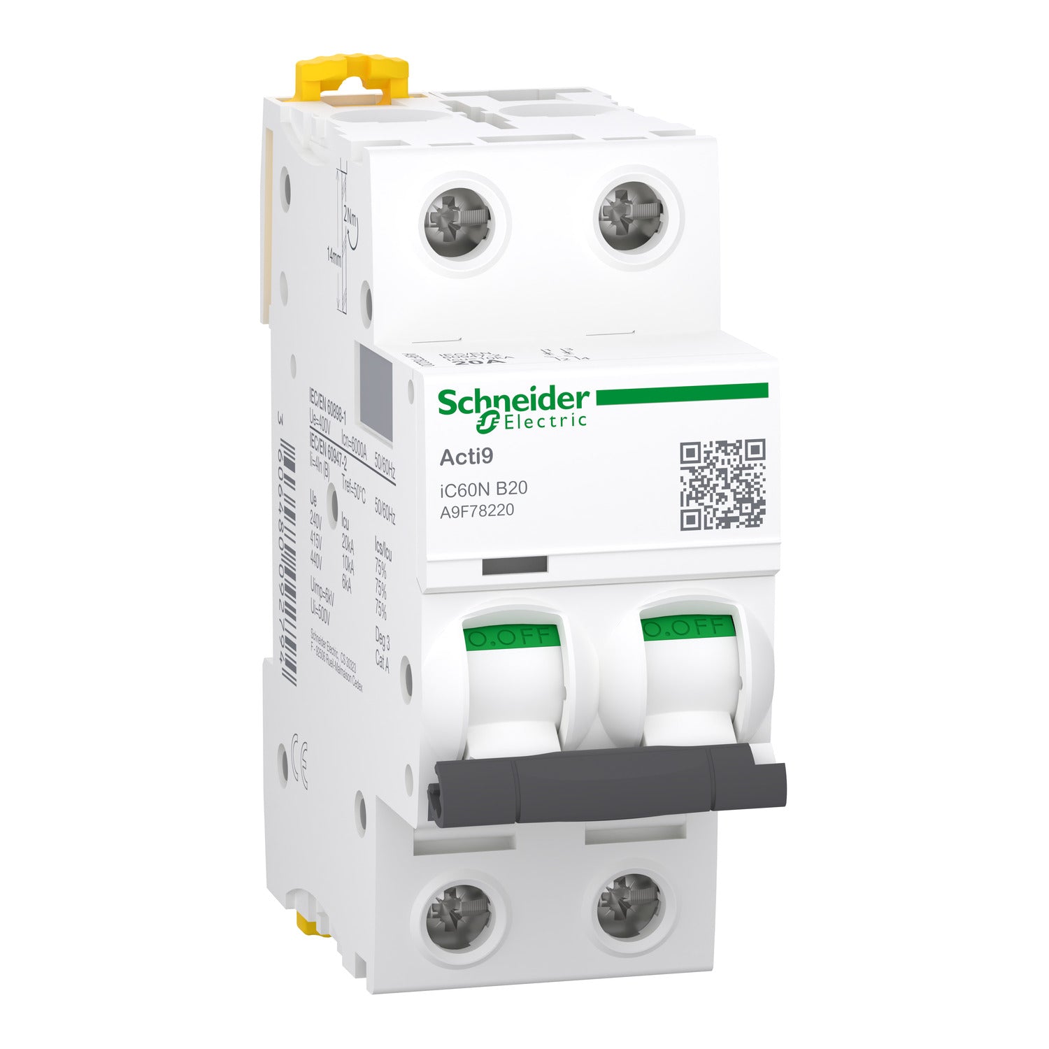 A9F78220 - Interruptor Magnetotérmico Bipolar Acti9 iC60N 2P 20A Curva B 6kA/10kA Schneider