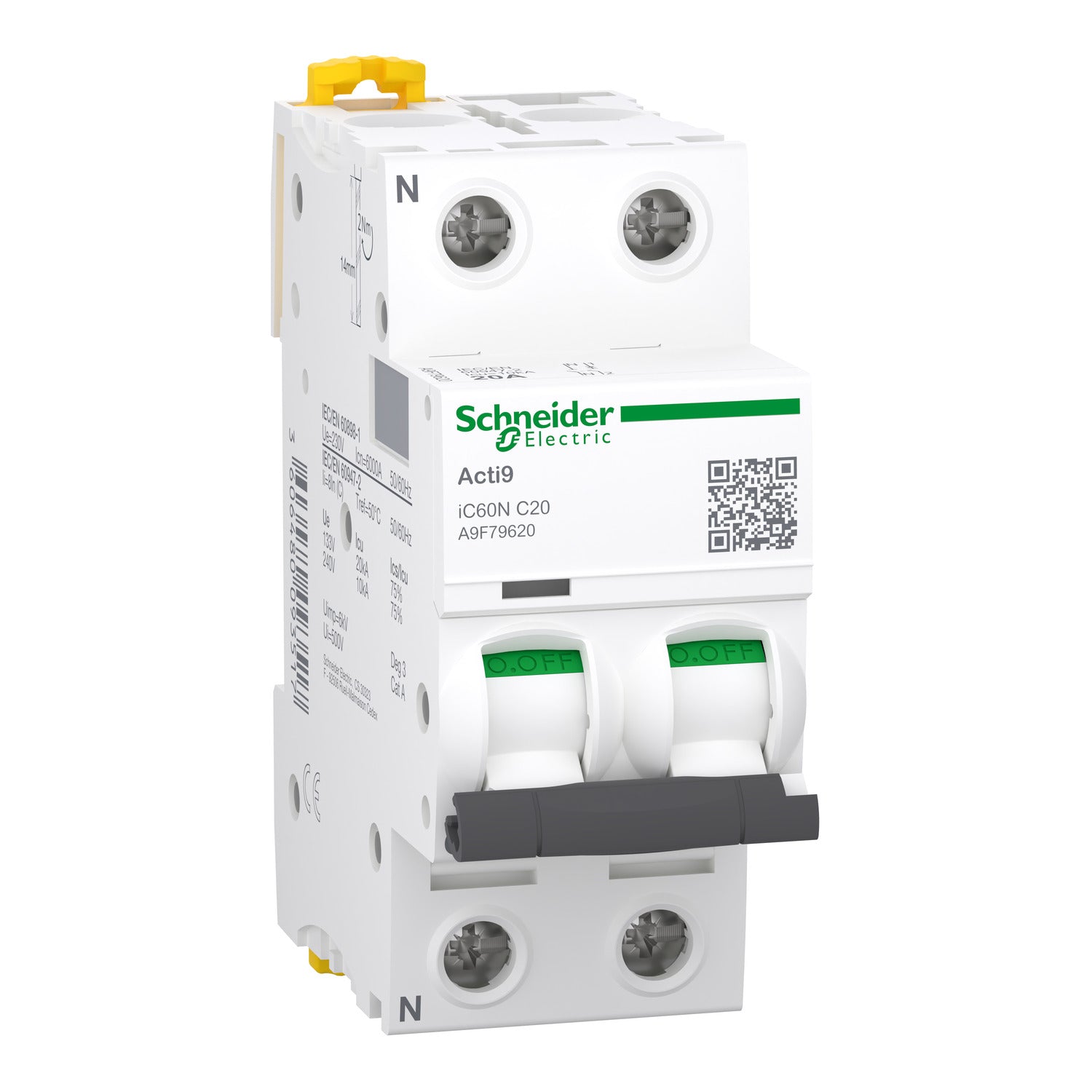 A9F79620 - Interruptor Magnetotérmico Un Polo + Neutro Acti9 iC60N 1P + N 20A Curva C 6kA/10kA Schneider