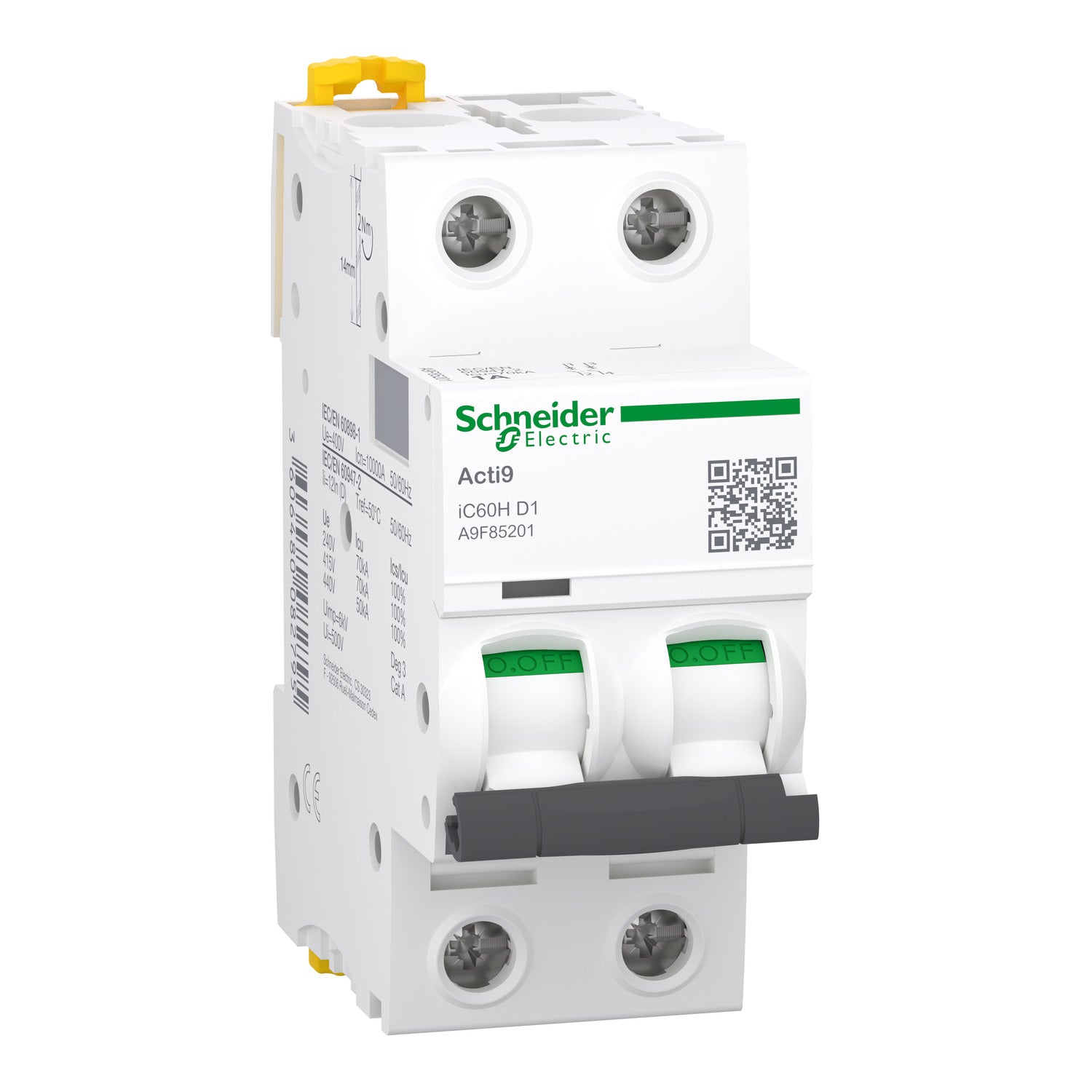 A9F85201 - Interruptor Magnetotérmico Bipolar Acti9 iC60H 2P 1A Curva D 10kA/70kA Schneider