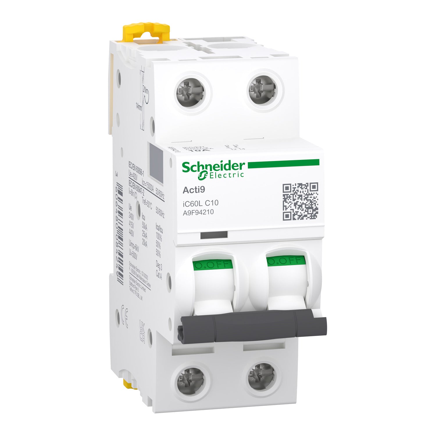 A9F94210 - Interruptor Magnetotérmico Bipolar Acti9 iC60L 2P 10A Curva C 15kA/25kA Schneider