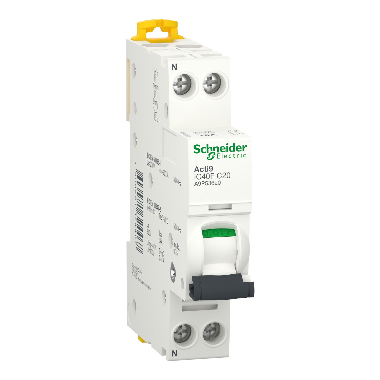 A9P53620 - Interruptor Magnetotérmico Un Polo + Neutro Acti9 iC40F 1P + N 20A Curva C 6kA Schneider