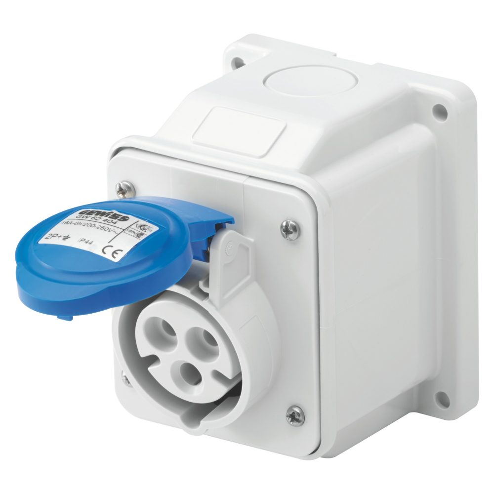 GW62404 - Base fija de pared a 10° - ip44 - 2p+t 16a 200-250v 50/60hz - azul - 6h - conexionado de tornillo Gewiss